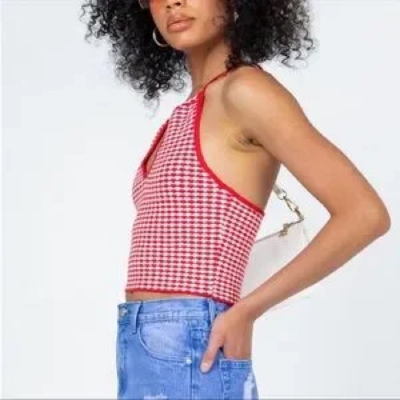 ZARA KNIT RED WHITE HALTER CROP TOP - Picture 4 of 10